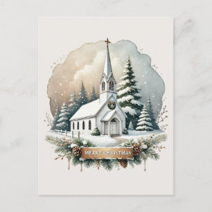 Besneeuwde kapel 's nachts Lichtgevende kerstscè Briefkaart