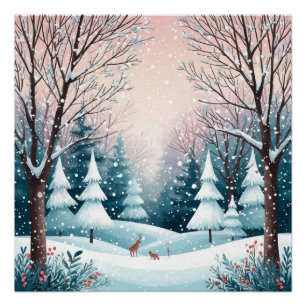 Besneeuwde kerstcabin met gloeiende boom perfect poster