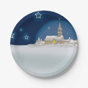 Besneeuwde Kerstmis Kerk Sterrennacht Papieren Bordje