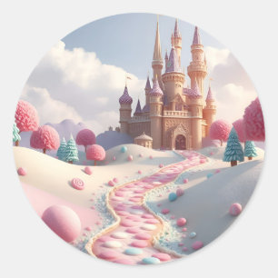 Besneeuwde Roze Candy Land Sprookjeskasteel Ronde Sticker