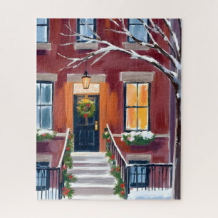 Besneeuwde stad stoep Kerst Winter Watercolor Legpuzzel