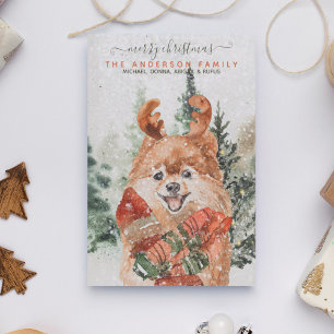 Besneeuwde Vintage Waterverf Pomeranian Kerstboom Feestdagenkaart