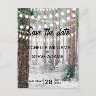 Besneeuwde Winter Bos Bruiloft Save the Date Aankondigingskaart