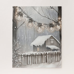 Besneeuwde winterhut slingerlichtjes legpuzzel