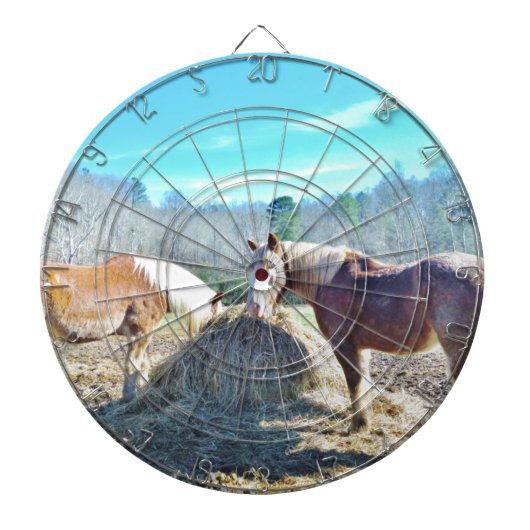 Bespaar conceptpaarden die hooi eten dartbord (Voorkant)