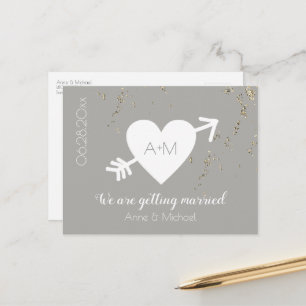BESPAAR DE DATE bruiloft liefde hart confetti grij Aankondigingskaart