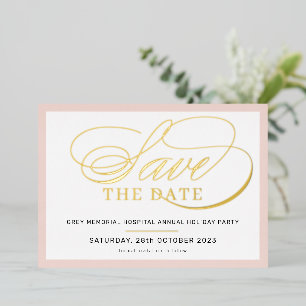 BESPAAR DE DATUM elegant fancy script zwart roze g Folie Uitnodiging