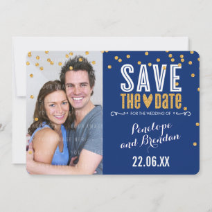 BESPAAR DE DATUM goud glitter confetti royal blue Save The Date