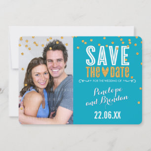 BESPAAR DE DATUM goud glitter confetti turquots bl Save The Date