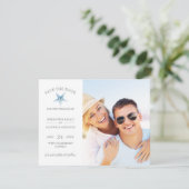 BESPAAR DE DATUM Kaarten, Blue Starfish Beach Wedd Save The Date (Staand voorkant)
