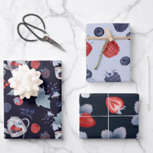 Bessen blauwe bosbessen aardbeien theepot patroon  inpakpapier vel