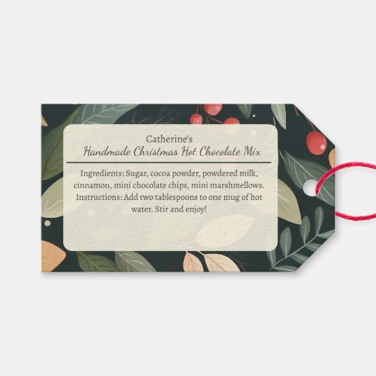 Bessen en Bladeren Kerst Warme Chocolade Mix Cadeaulabel (Voorkant (Horizontaal))