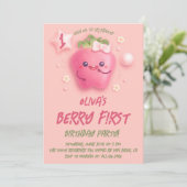 Bessie Eerste Aardbei 1e Verjaardagsfeest Uitnodig Kaart (Staand voorkant)