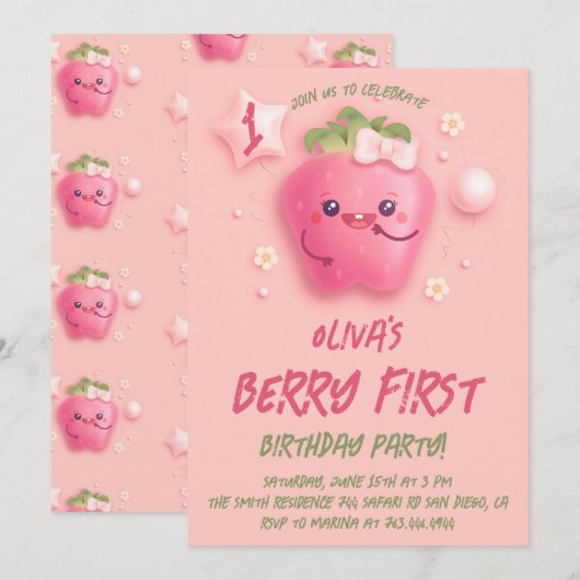 Bessie Eerste Aardbei 1e Verjaardagsfeest Uitnodig Kaart (Voorkant / Achterkant)