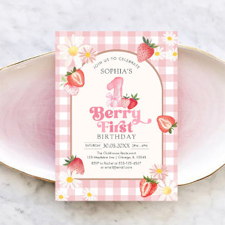 Bessie Eerste Aardbei 1e Verjaardagsuitnodiging Kaart