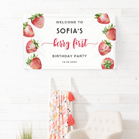 Bessie Eerste Aardbei Verjaardagsbanner Spandoek (Insitu)