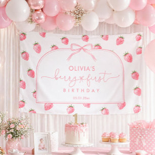 Bessie Eerste Verjaardag Aardbei Achtergrond Roze Spandoek