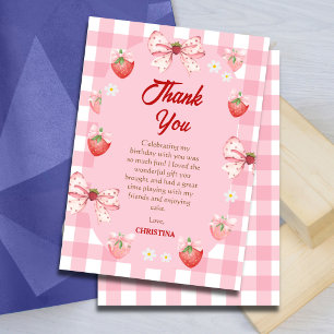 Bessie eerste verjaardag roze aardbei ruitjesspat  bedankkaart