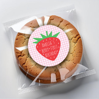 Bessie Eerste Verjaardag Roze en Rode Aardbei Meis Ronde Sticker