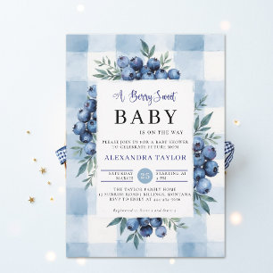 Bessie Zoete Gingham Blauwe Bessen Baby Shower Kaart