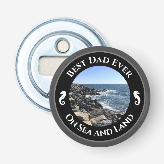 Best Dad Ever Blue Atlantic Ocean Rocky Seashore Button Flesopener (Voorkant)
