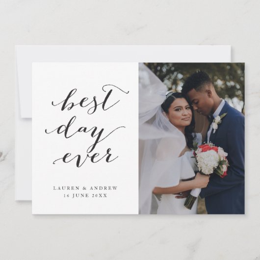 Best Day Ever Calligraphy Weddenschap 3 Foto Bedankkaart (Voorkant)