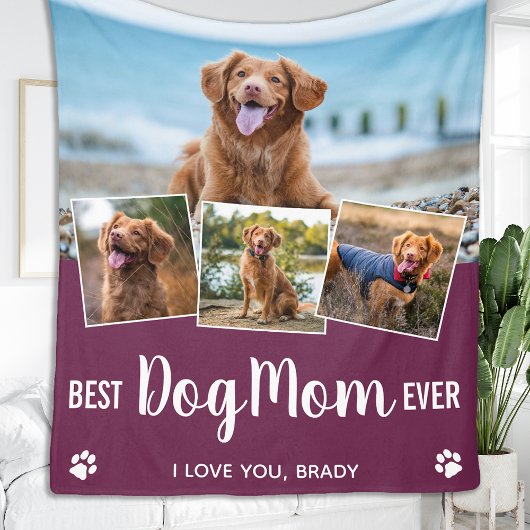 Best Dog Mom Custom 4 Photo Collage Paarse Fleece Deken