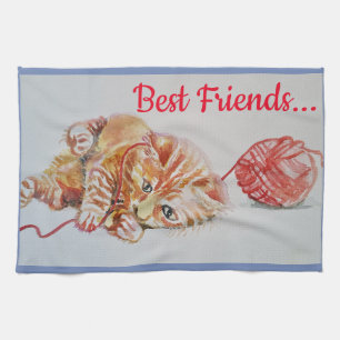 Best Friend Cute Cat Tabby Art Kitchen Tea Towel Theedoek