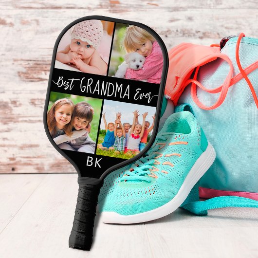 Best Grandma Ever 4 Photo Monogram Uw kleur Pickleball Paddle