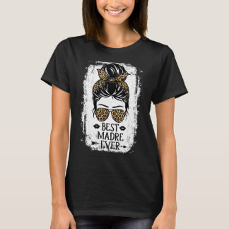 Best Madre Ever Women Messy Bun Leopard Decor Gran T-shirt