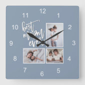 Best mam ooit 3 Foto's Script Dusty Blue Vierkante Klok (Voorkant)