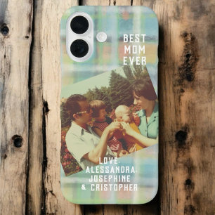 Best Mom Ever aangepaste foto plaid pastel groene iPhone 16 Hoesje