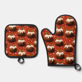 Best of Christmas pudding pattern oven mitt and po Ovenwant & Pannenlap Set