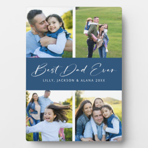 Best Papa Ever Script Bleu 4 Photo Collage Plaque