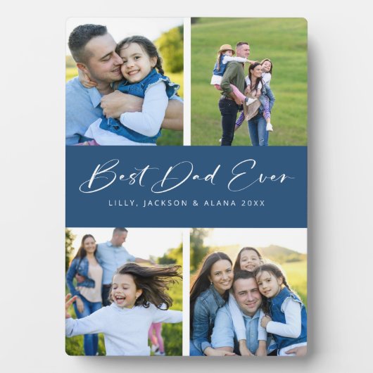 Best Papa Ever Script Bleu 4 Photo Collage Plaque (Devant)