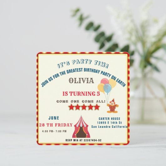 BESTE 5E verjaardag Party Circus Thema Save The Date (Staand voorkant)