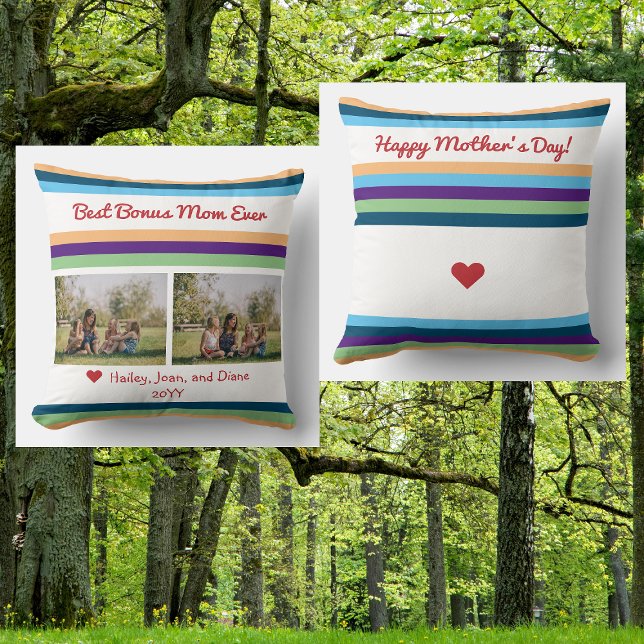 Beste Bonus Moeder Ooit 2 Foto's Namen Script Mode Kussen (Best Bonus Mom Ever. Photo keepsake for Mother's Day. Modern pillow, elegant minimalist color bands)