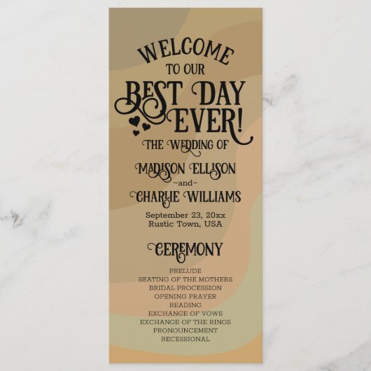 Beste dag ooit Earthtone Retro Swirls Bruiloft Programma (Voorkant)
