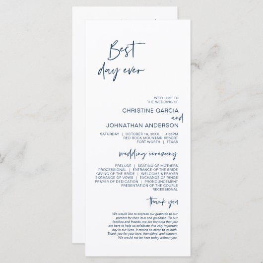 Beste dag ooit, Modern Navy Blue Wedding Program Programma (Voorkant / Achterkant)