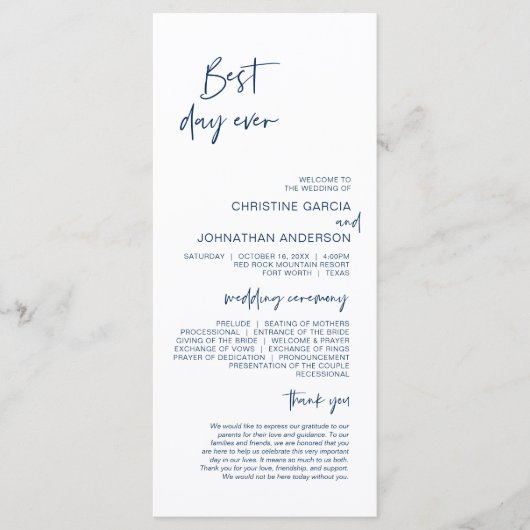 Beste dag ooit, Modern Navy Blue Wedding Program Programma (Voorkant)