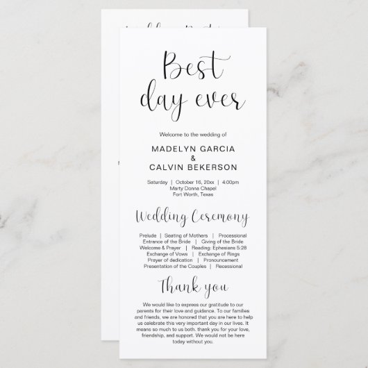 Beste dag ooit, Modern Wedding Ceremony Program Programma (Voorkant / Achterkant)