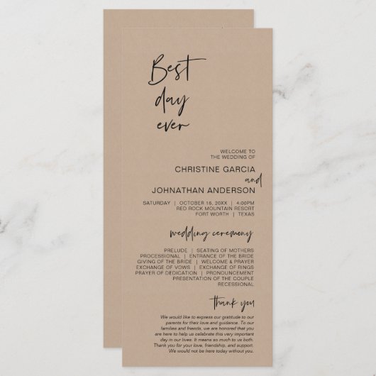 Beste dag ooit, Modern Wedding Kraft Brown Program Programma (Voorkant / Achterkant)