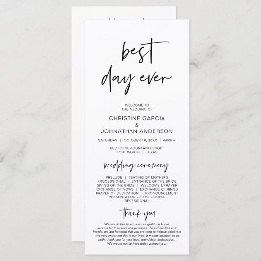 Beste dag ooit, moderne minimalistische bruiloft programma (Voorkant / Achterkant)