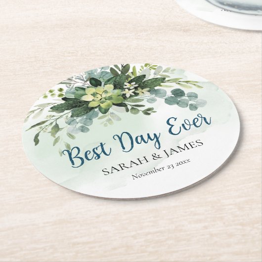Beste Dag Ooit Succulent Bruiloft Bloemen Botanisc Ronde Kartonnen Onderzetter (Gebogen)