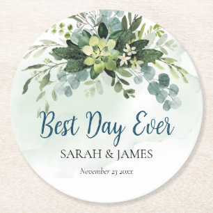 Beste Dag Ooit Succulent Bruiloft Bloemen Botanisc Ronde Kartonnen Onderzetter