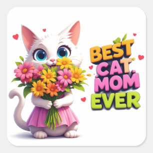 Beste Kat Moeder Mooie Kitty Met Bloemen 🐾 Vierkante Sticker