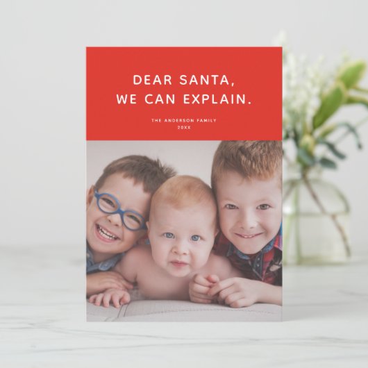Beste kerstman, we kunnen het uitleggen. Funny Hol Feestdagenkaart (Staand voorkant)