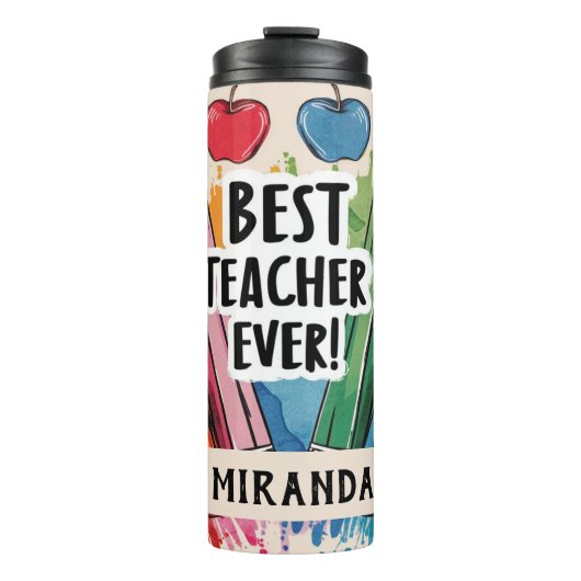 Beste Leraar Ooit aangepaste Naam appels / pennen Thermosbeker (Voorkant)