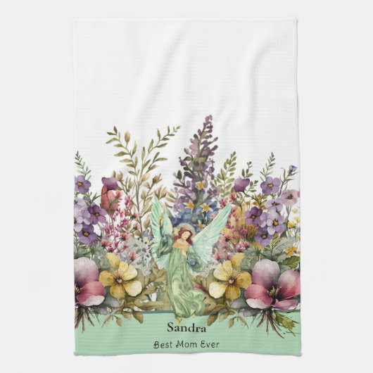 Beste Mam Ooit, Engel en wilde bloemen bloemenperz Theedoek (Verticaal)