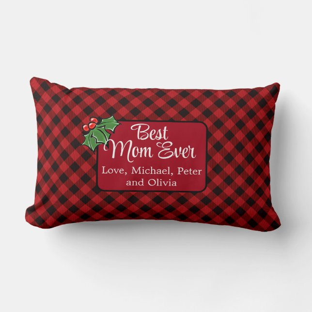 Beste Mam ooit Kerstmis klassieker Red Plaid Holly Kussen (Voorkant)